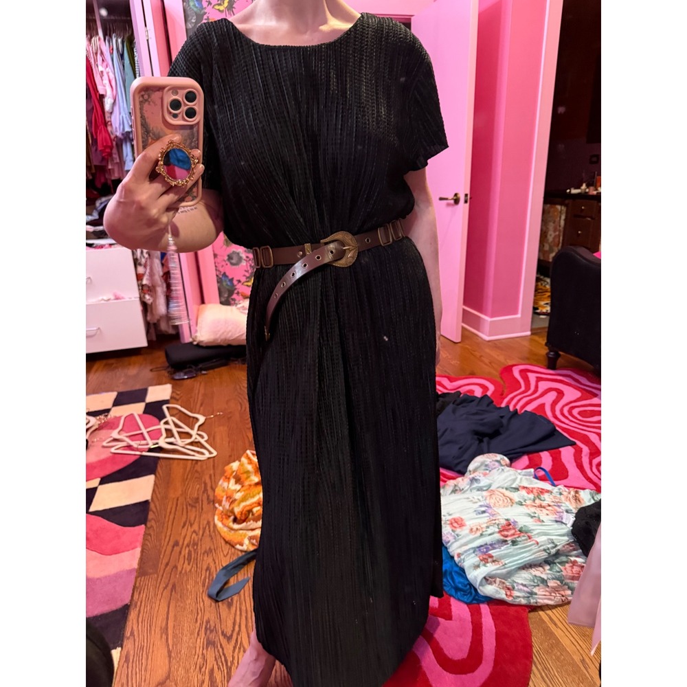 Sabina Musayev Black Plisse Maxi Dress Open Back Short Sleeve XL